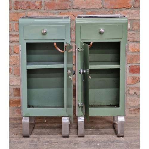 1276 - Pair of vintage metal dental cabinets with tray tops raised on chrome supports, H 85cm x W 35cm x D ... 