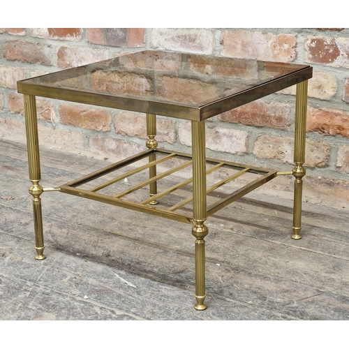 1284 - Maison Jansen style brass and smoked glass side table with slatted under tier, H 41cm x W 46cm x D 4... 