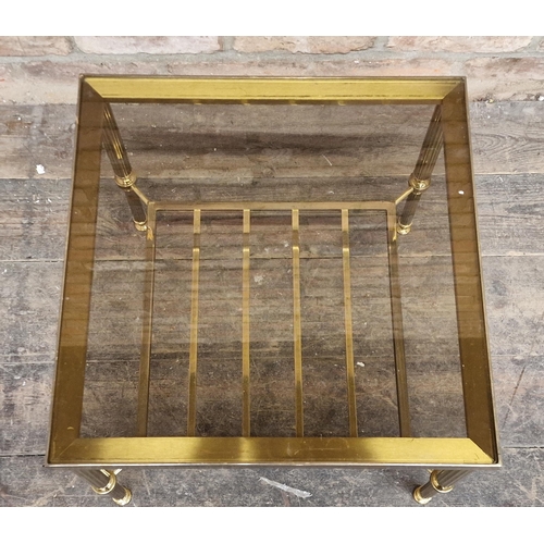 1284 - Maison Jansen style brass and smoked glass side table with slatted under tier, H 41cm x W 46cm x D 4... 