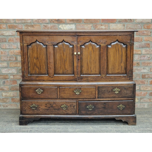 1291 - 18th century oak mule chest with carved fielded panels fitted with five drawers to base, H 118cm x W... 