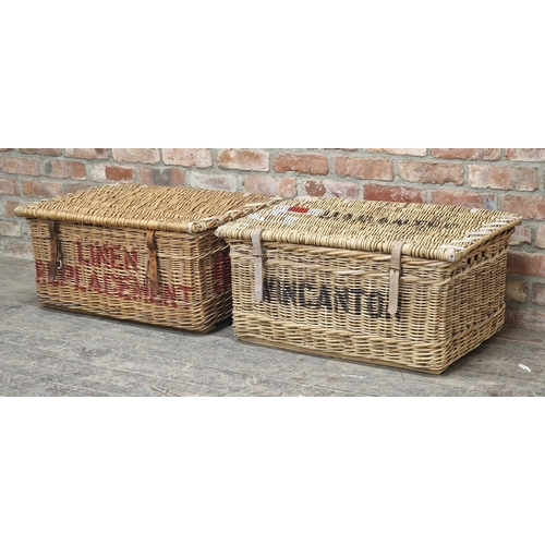 1294 - Two vintage wicker laundry baskets, H 37cm x W 77cm x D 55cm (2)