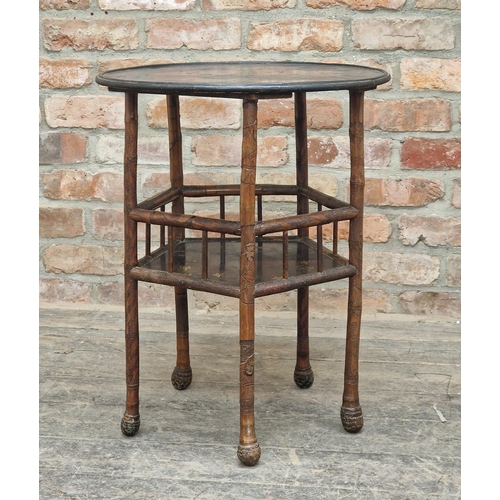 1303 - Antique Japanese lacquered side table with carved detail and under tier, H 65cm x diameter 52cm