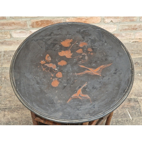 1303 - Antique Japanese lacquered side table with carved detail and under tier, H 65cm x diameter 52cm