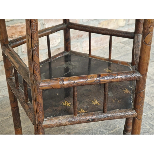 1303 - Antique Japanese lacquered side table with carved detail and under tier, H 65cm x diameter 52cm