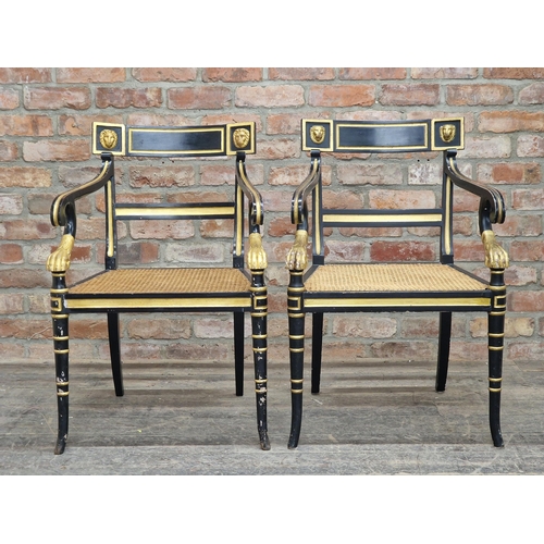 1305 - Pair of Regency ebonised and giltwood armchairs with lions mask and paw detail, H 87cm x W 59cm x D ... 