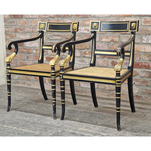 1305 - Pair of Regency ebonised and giltwood armchairs with lions mask and paw detail, H 87cm x W 59cm x D ... 