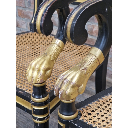 1305 - Pair of Regency ebonised and giltwood armchairs with lions mask and paw detail, H 87cm x W 59cm x D ... 