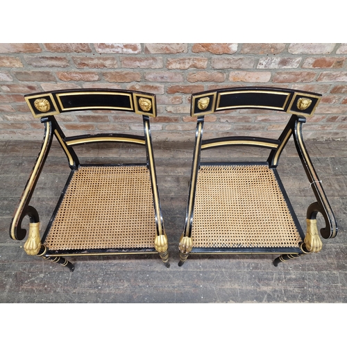 1305 - Pair of Regency ebonised and giltwood armchairs with lions mask and paw detail, H 87cm x W 59cm x D ... 