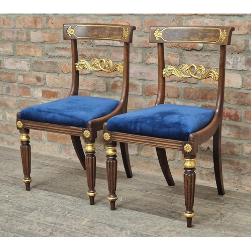 1306 - Pair of Regency mahogany and giltwood dining chairs with drop in seats, H 86cm (2)