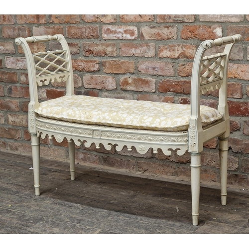 1307 - Attractive Regency window seat with cane seat and pierced detail, H 76cm x W 99cm x D 34cm