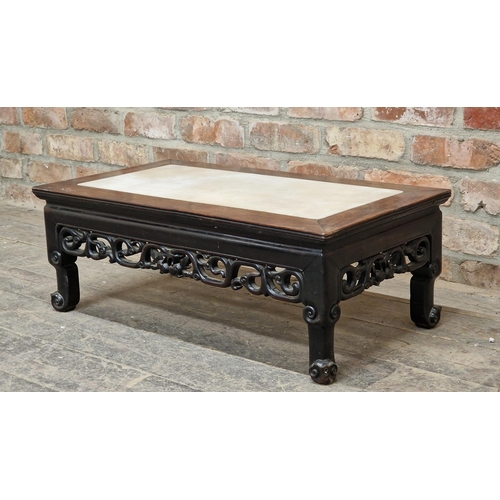 1311 - Antique Chinese hardwood coffee table with inset marble top and pierced detail, H 28cm x W 77cm x D ... 