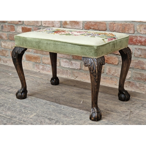 1312 - Georgian footstool with needlework top, raised on claw and ball feet, H 47cm x W 75cm x D 46cm