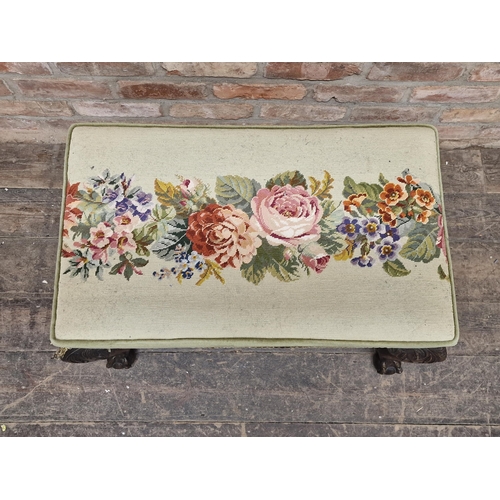 1312 - Georgian footstool with needlework top, raised on claw and ball feet, H 47cm x W 75cm x D 46cm