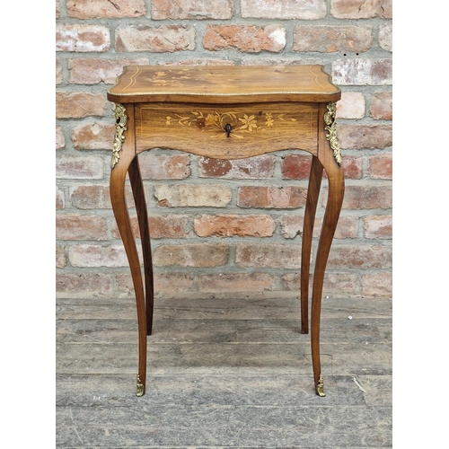 1315 - Antique French Louis XV style inlaid side table with frieze drawer and gilt metal mounts, H 73cm x W... 