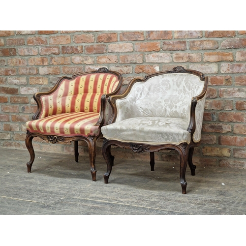 1317 - Two antique French upholstered tub chairs with carved detail, raised on cabriole legs, H 78cm x W 68... 