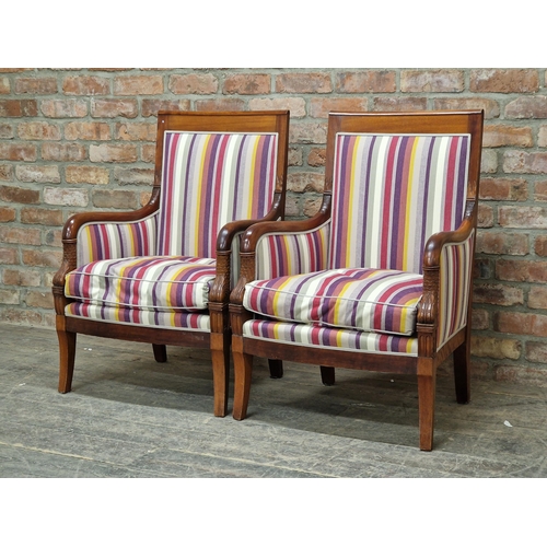 1318 - Pair of French Empire style armchairs with striped upholstery, H 93cm x  W 65cm x D 52cm (2)