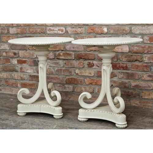 1319 - Pair of painted French style side tables with carved detail raised on scrolled pedestal bases, H 70c... 