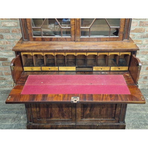 1321 - 19th century mahogany secretaire bookcase with astragal glazed doors and fitted interior, H 251cm x ... 