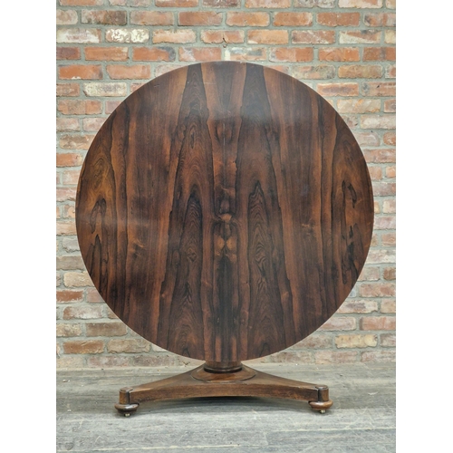 1323 - William IV rosewood tilt top breakfast table, H 73cm x diameter 129cm