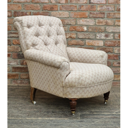 1327 - 19th century Howard style armchair with button back upholstery and ceramic castors, Howard stamp to ... 