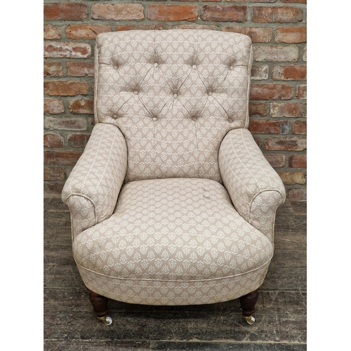 1327 - 19th century Howard style armchair with button back upholstery and ceramic castors, Howard stamp to ... 