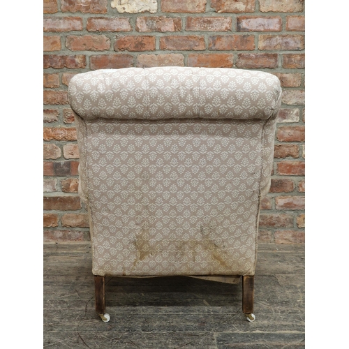 1327 - 19th century Howard style armchair with button back upholstery and ceramic castors, Howard stamp to ... 