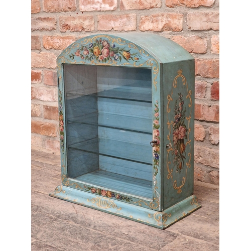 1329 - Pretty antique hand painted arched table top cabinet with shelved interior, H 63cm x W 47cm x D 25cm