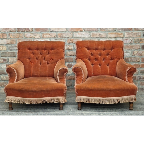 1330 - Pair of 19th century button back armchairs raised on turned forelegs, H 78cm x W 76cm x D 68cm (2)