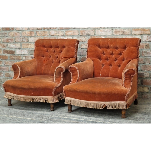 1330 - Pair of 19th century button back armchairs raised on turned forelegs, H 78cm x W 76cm x D 68cm (2)