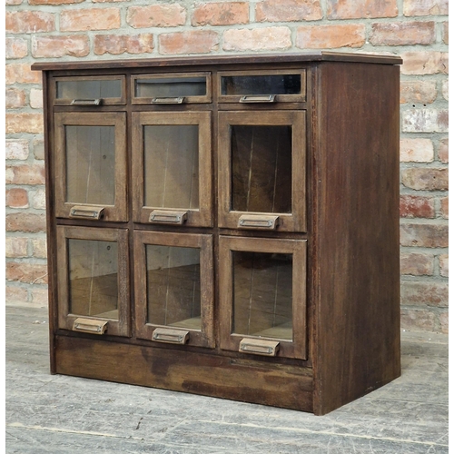 1331 - Good quality vintage oak nine drawer haberdashery cabinet, H 86cm x W 89cm x D 48cm