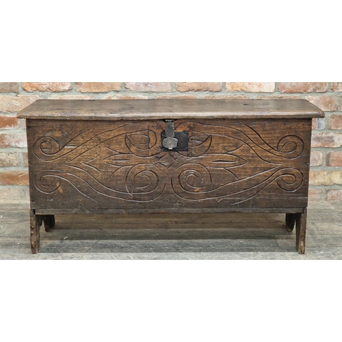 1333 - 17th century elm six plank coffer with incised detail to front, H 56cm x W 114cm x D 39cm