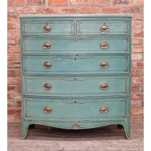 1334 - Victorian painted bow front chest of two short over four long graduated drawers, H 119cm x W 106cm x... 