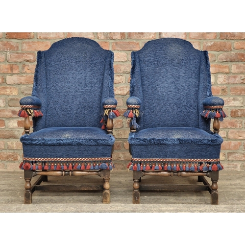 1339 - Pair of antique upholstered arm chairs with turned supports, H 109cm x W x 57cm x D 62cm (2)