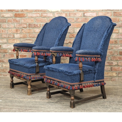 1339 - Pair of antique upholstered arm chairs with turned supports, H 109cm x W x 57cm x D 62cm (2)