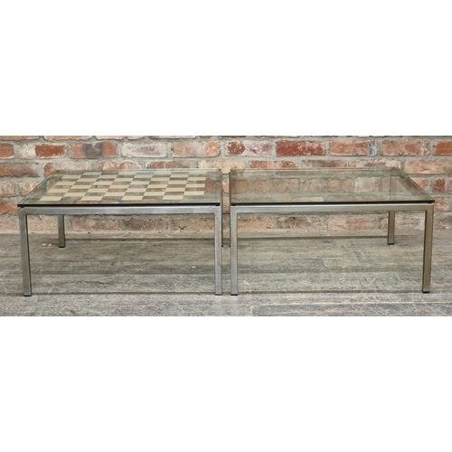 1340 - Pair of contemporary chrome and glass topped coffee tables, one with checkered glass, H 36cm x W 74c... 