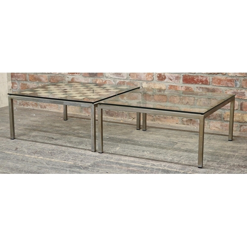 1340 - Pair of contemporary chrome and glass topped coffee tables, one with checkered glass, H 36cm x W 74c... 