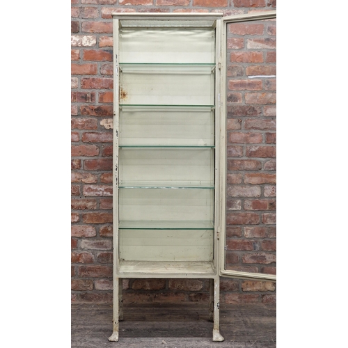 1342 - Vintage painted iron display cabinet with five glass shelves, H 180cm x W 61cm x D 39cm