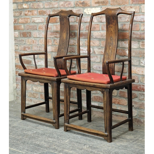 1202 - Pair of Chinese elm scholars hat chairs with yoke top rail and shaped splat above a rectangular pane... 