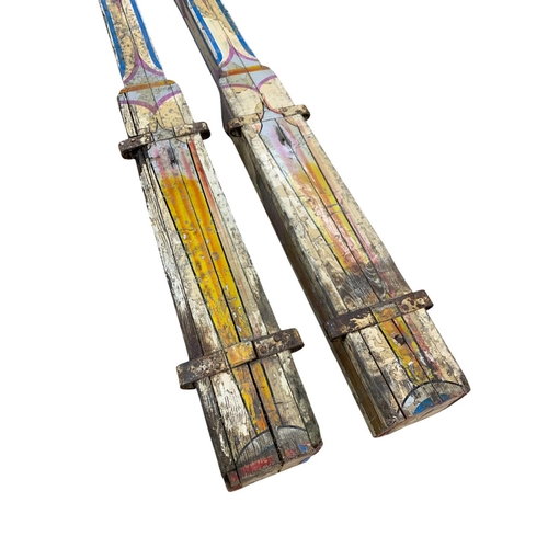 1053 - Fred Fowle (1914-1983) Vintage hand painted fairground pillars, having cream ground and colourful de... 