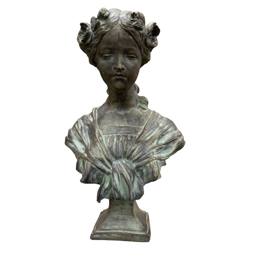 1473 - Heavy plaster bust of young maiden in dress with floral decoration to hair, H 48cm