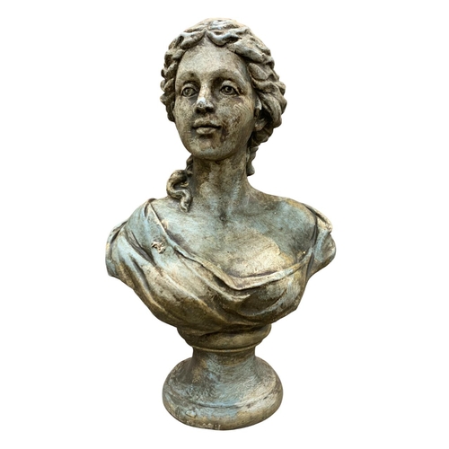 1474 - Heavy plaster bust of Classical style maiden in dress, H 48cm