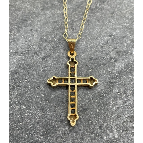 66 - 9ct sapphire and diamond cross pendant on 9ct chain, the pendant 25 x 15mm, the chain 420mm, 1.9g