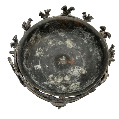 315 - Unusual Persian or Ottoman bronze and copper tabletop brazier, with chicken turrets, 8.5 x 15cm