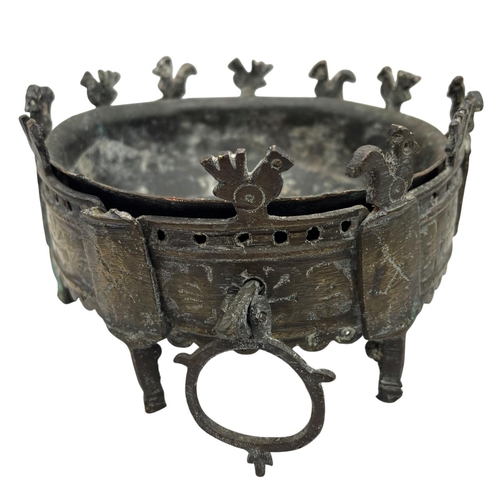 315 - Unusual Persian or Ottoman bronze and copper tabletop brazier, with chicken turrets, 8.5 x 15cm