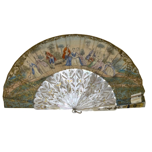 188 - Good quality French 19th century mother of pearl brise fan, eighteen pierced and gilded sticks, hand... 