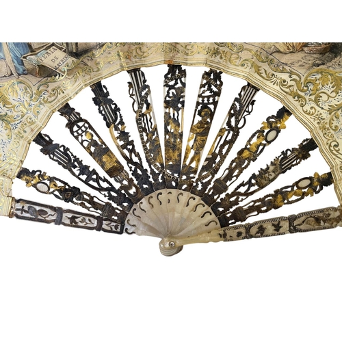 189 - Good quality French 19th century mother of pearl brise fan, thirteen sticks gilded and pierced with ... 