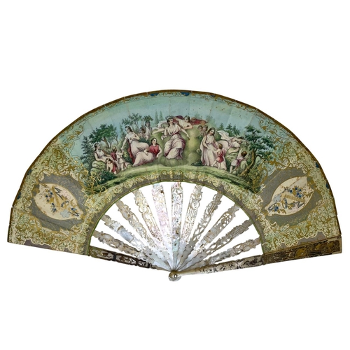 189 - Good quality French 19th century mother of pearl brise fan, thirteen sticks gilded and pierced with ... 