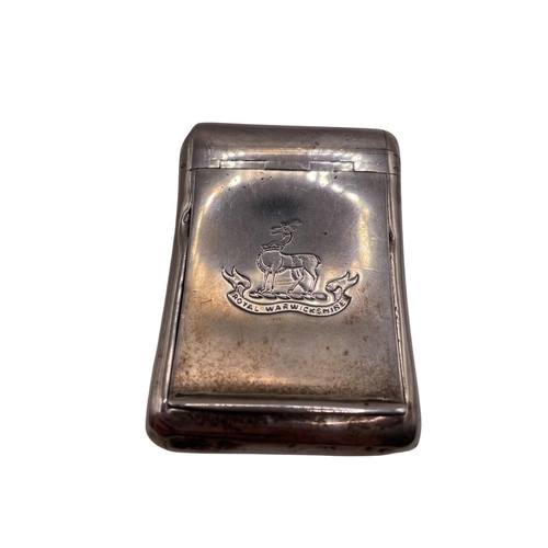 142 - Military interest silver tobacco box, the hinged lid engraved 'Royal Warwickshire' regiment crest, m... 