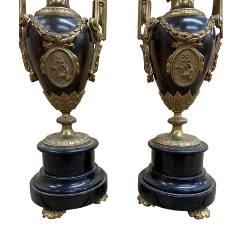 1144 - Pair of antique French ormolu bronze converted twin handled urn shaped table lamps, held atop marble... 