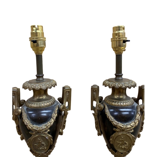 1144 - Pair of antique French ormolu bronze converted twin handled urn shaped table lamps, held atop marble... 